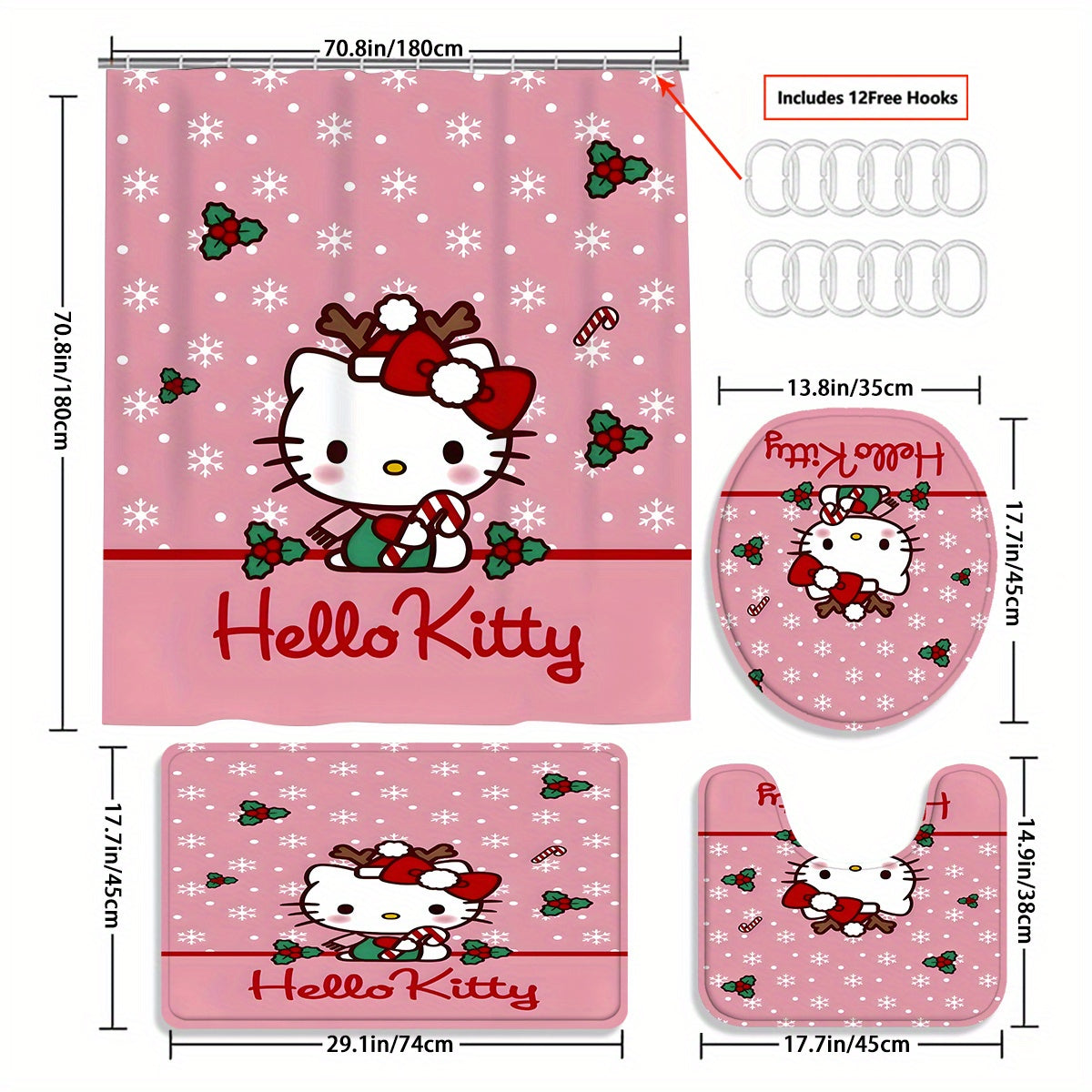 Authorized - 1Pc/4Pc Sanrio Hello Kitty, Shower Curtain Or Shower Curtain Toilet Mat Bathroom Mat 4-Piece Set, Bathroom Supplies Waterproof Shower Curtain Set with 12 Free Shower Curtain Hooks DM Beauty