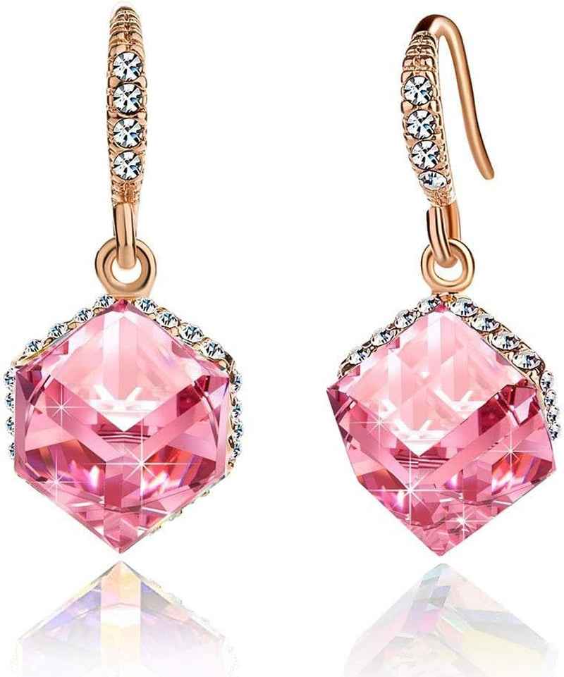 Austrian Crystal Cube Drop Dangle Earrings for Women 14K Gold Plated Hypoallergenic Jewelry