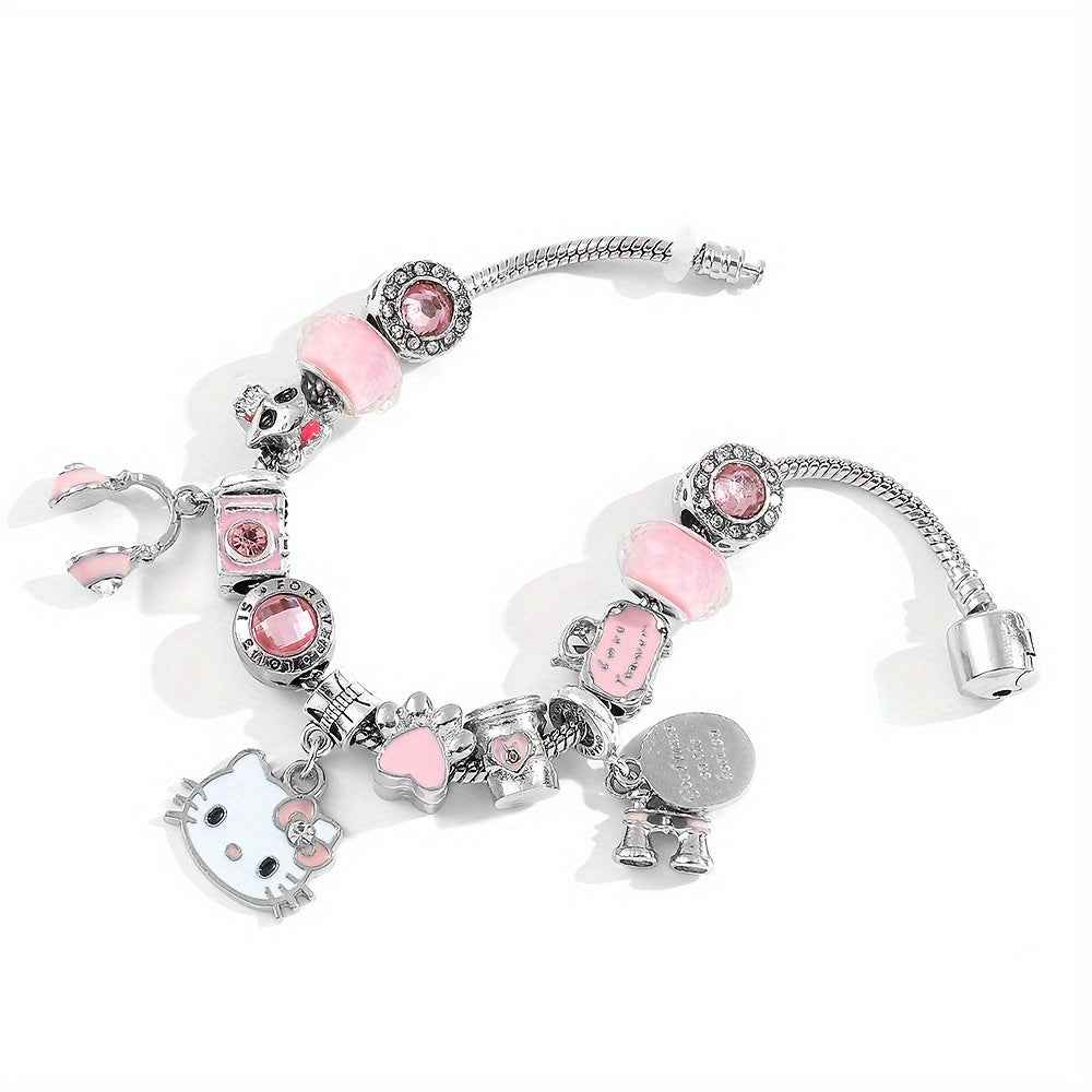 Hello Kitty Charm Bracelet: Adorable Kitty Cat Pendant with Pink Beads and Charms - Perfect for Everyday Wear and Gift Giving