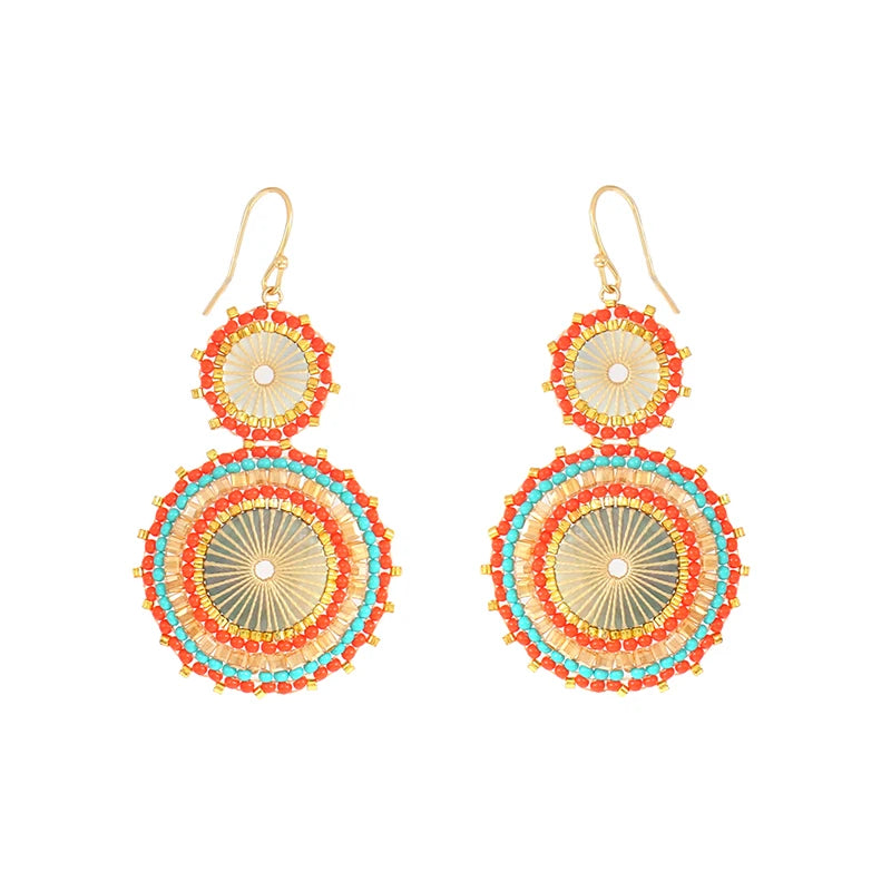 Vintage Double Round Seed Bead Crochet Dangle Earrings for Women
