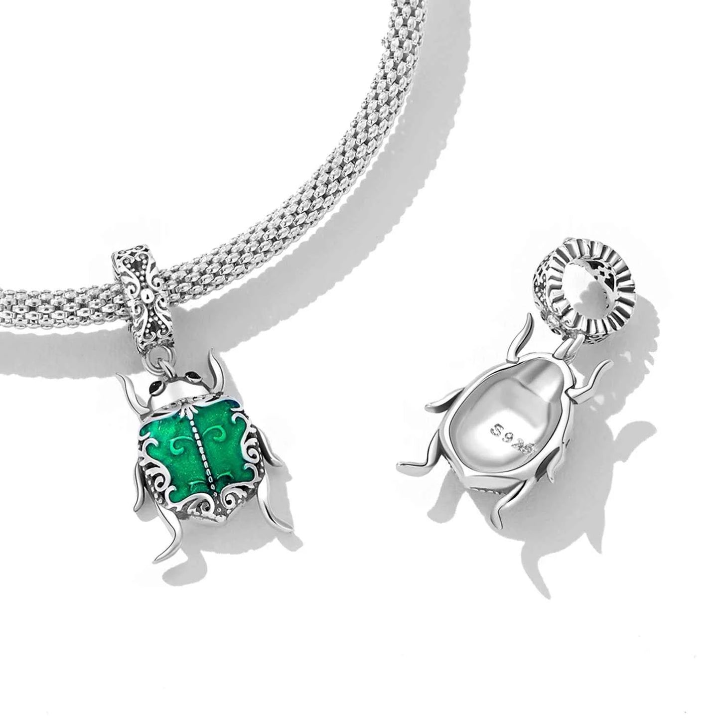 100% 925 Sterling Silver Exquisite Green Beetle Elf Pendant Insect Charms Bead Fit DIY Bracelet Fine Jewelry Gift SCC2317
