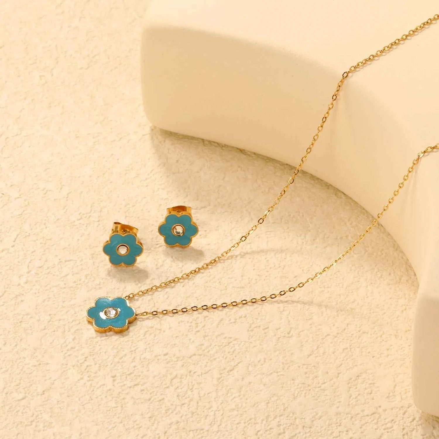 LUXUKISSKIDS Cute Girls Favor Jewelry Set Pink/Blue Color Six Petal Flower Drip-Oil Necklace Earrings Romantic Birthday Gifts