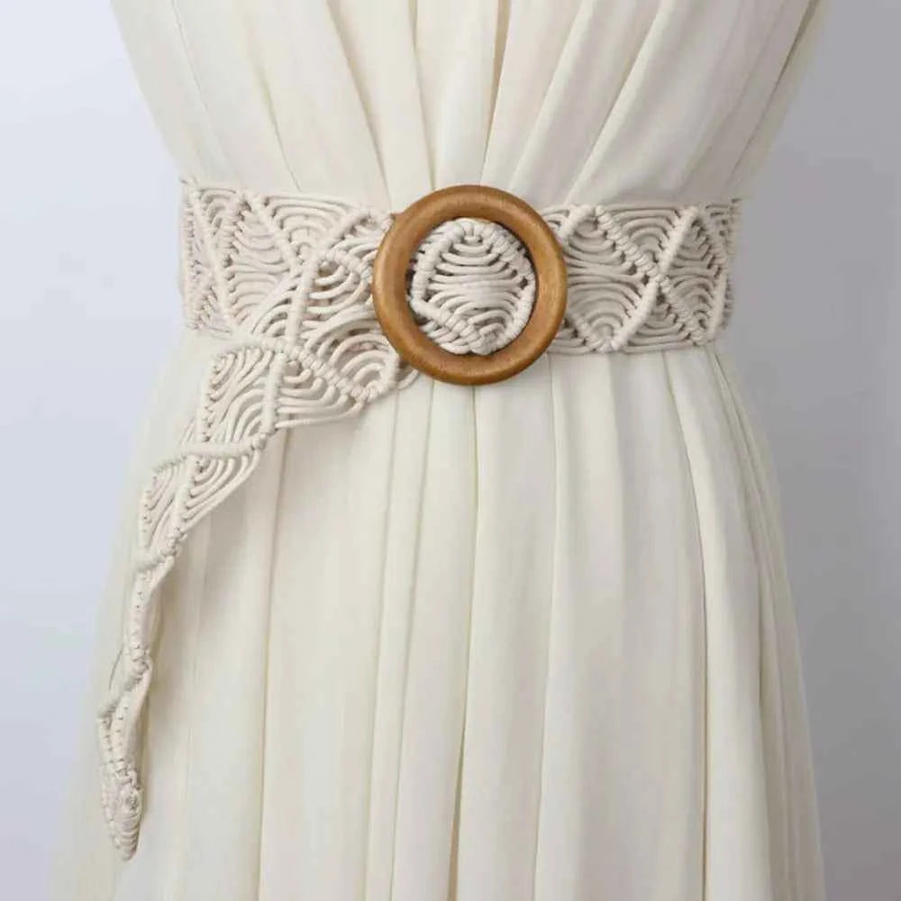 Hand-Woven Rope Braided Waist Belt – Ethnic Style Beach Dress Accessory with Wooden Button