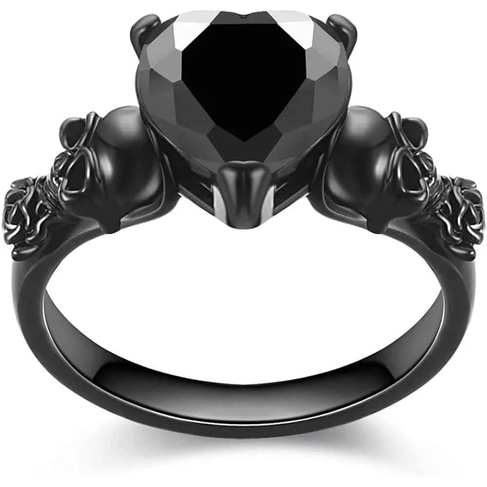 Gothic Skull Black Rose Flower Ring – Purple & Red Heart Crystal Women’s Statement Jewelry