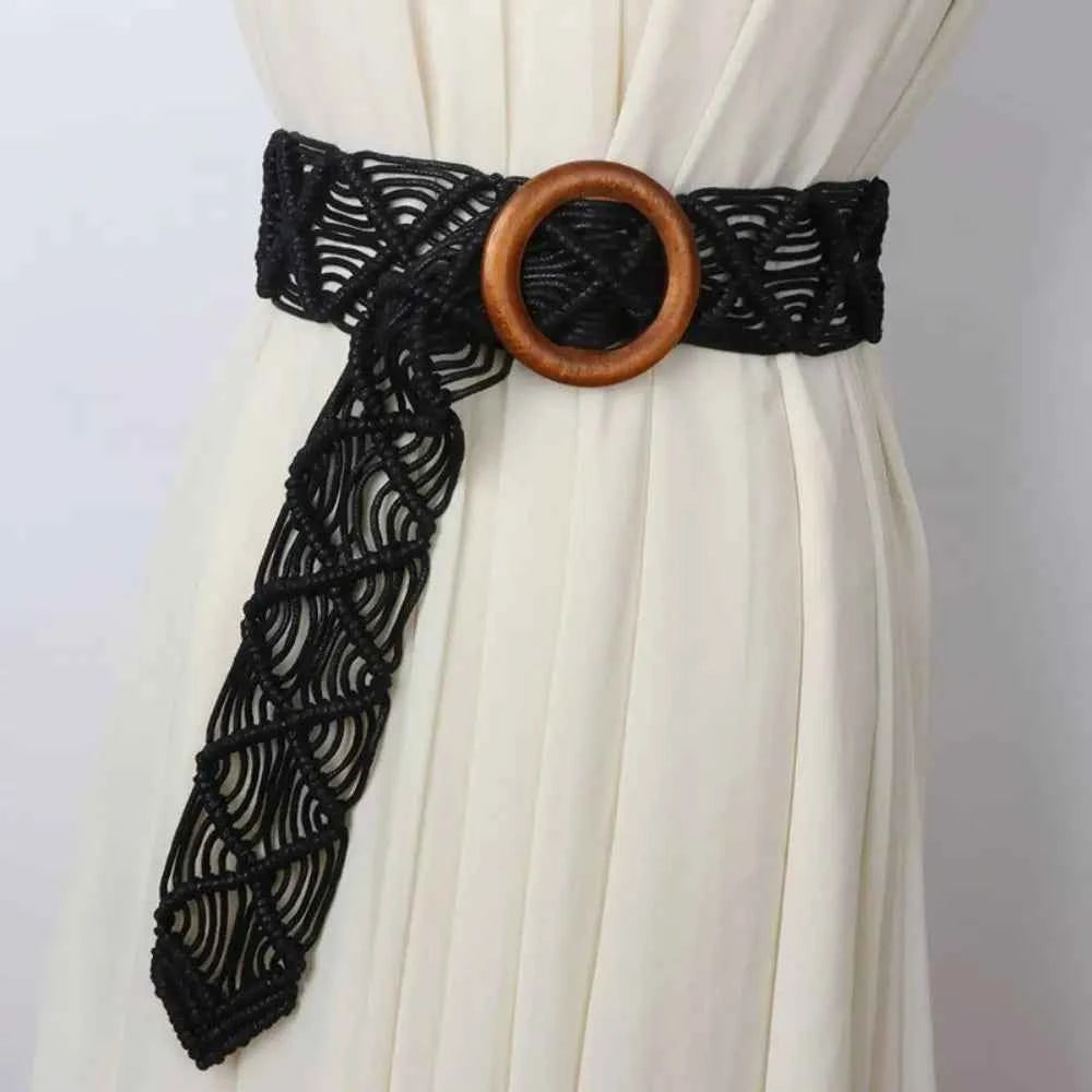 Hand-Woven Rope Braided Waist Belt – Ethnic Style Beach Dress Accessory with Wooden Button