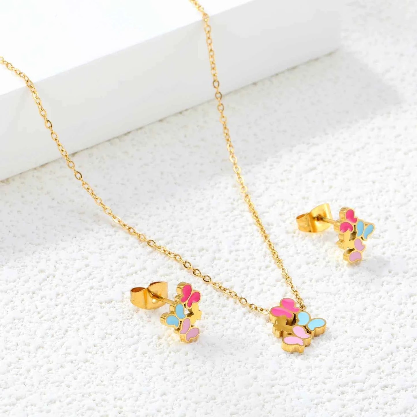 LUXUKISSKIDS Cute Girls Favor Jewelry Set Pink/Blue Color Six Petal Flower Drip-Oil Necklace Earrings Romantic Birthday Gifts
