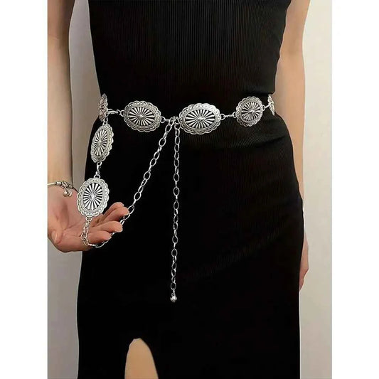 π Boho Silver Metal Waist Chain πΏ | Vintage Oval Cutout Belly Chain Body Jewelry for Dresses & Festivals β¨