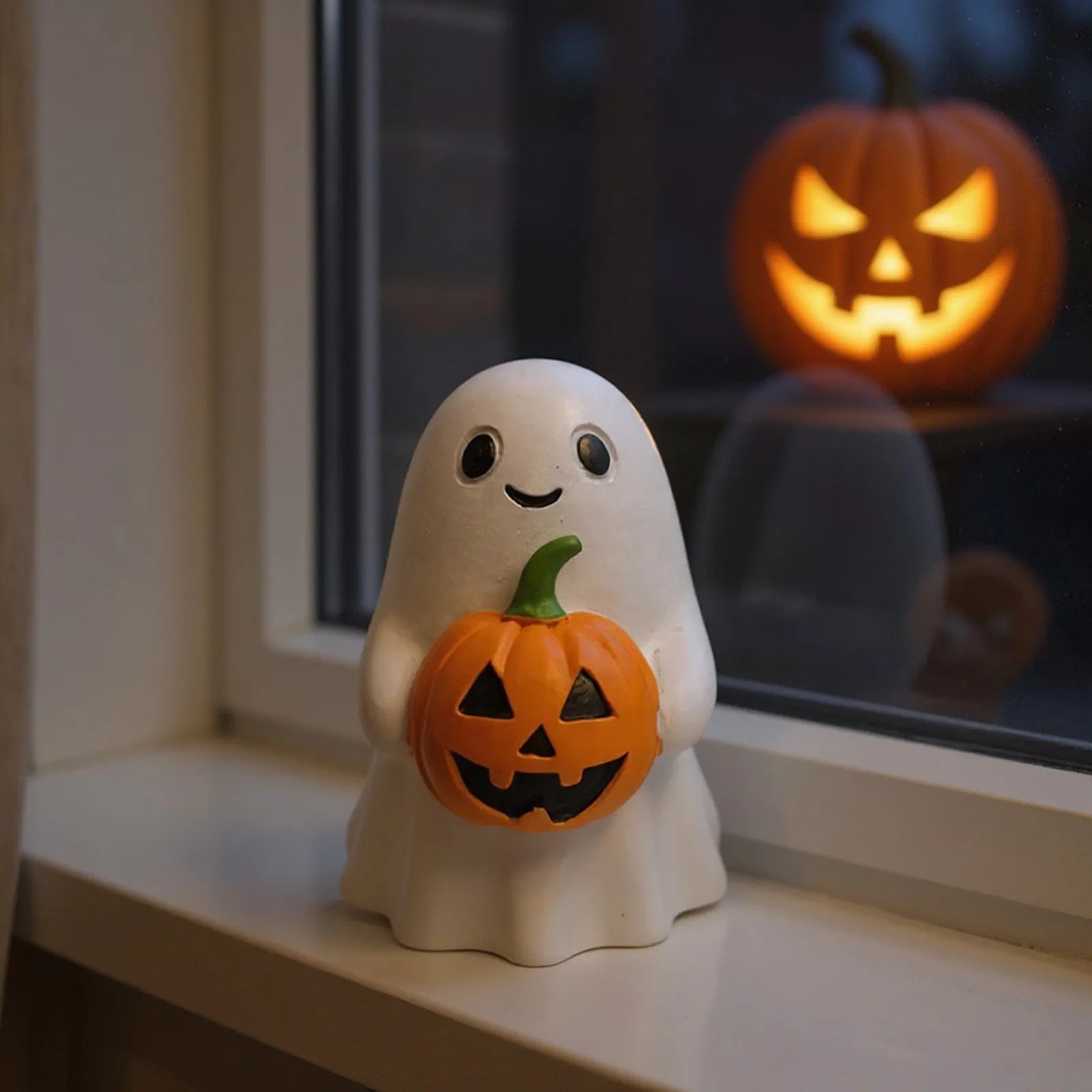 Halloween Ghost Holding Pumpkin Statue Holiday Party Decor Home Desktop Sculpture Handmade Craft Spooky Collectible Gift DM Beauty