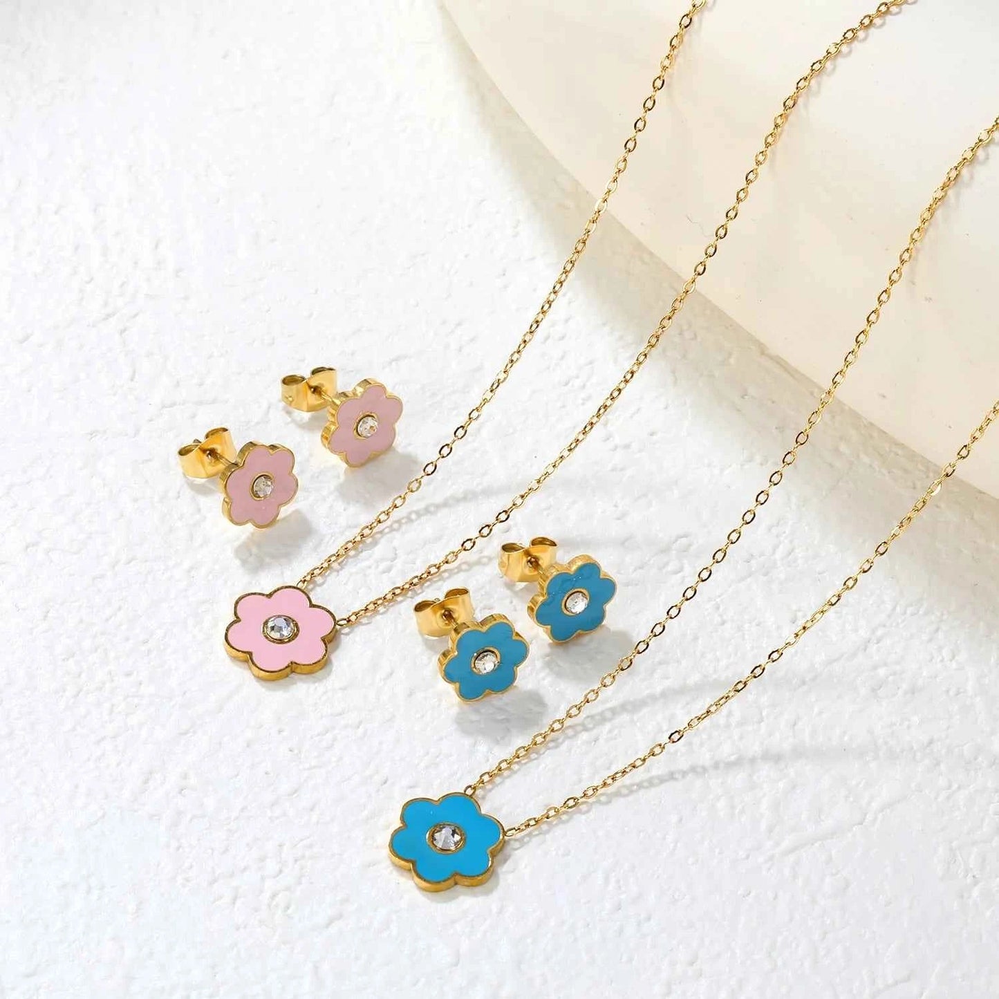 LUXUKISSKIDS Cute Girls Favor Jewelry Set Pink/Blue Color Six Petal Flower Drip-Oil Necklace Earrings Romantic Birthday Gifts