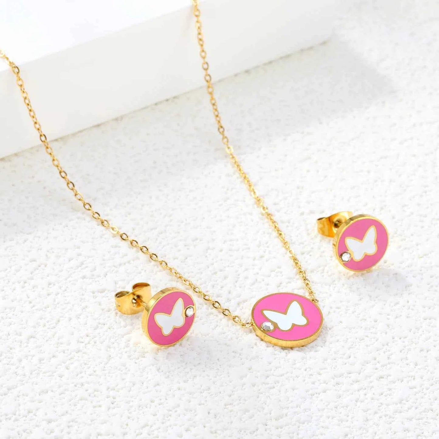LUXUKISSKIDS Cute Girls Favor Jewelry Set Pink/Blue Color Six Petal Flower Drip-Oil Necklace Earrings Romantic Birthday Gifts