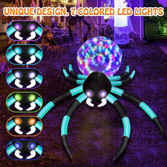 12Ft Halloween Inflatables Spider with 7-Colors Changing LED Lights, Halloween Decorations Outdoor Spider with Rotating Lights & Glowing Eyes, Large Creepy Spider Props for Yard Garden Decor