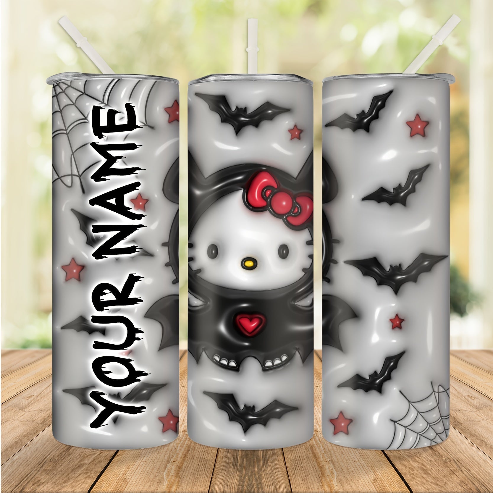 Customizable 20oz Halloween Tumbler - Double-Walled Insulated Stainless Steel With Unique Bat & Hello Kitty Designs, Leak-Proof Lid And Straw Included - Perfect For Spooky Parties & Travel DM Beauty