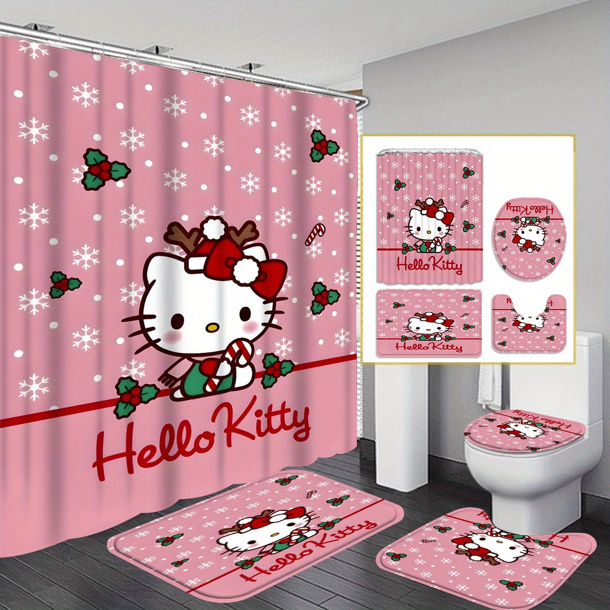 Authorized - 1Pc/4Pc Sanrio Hello Kitty, Shower Curtain Or Shower Curtain Toilet Mat Bathroom Mat 4-Piece Set, Bathroom Supplies Waterproof Shower Curtain Set with 12 Free Shower Curtain Hooks DM Beauty