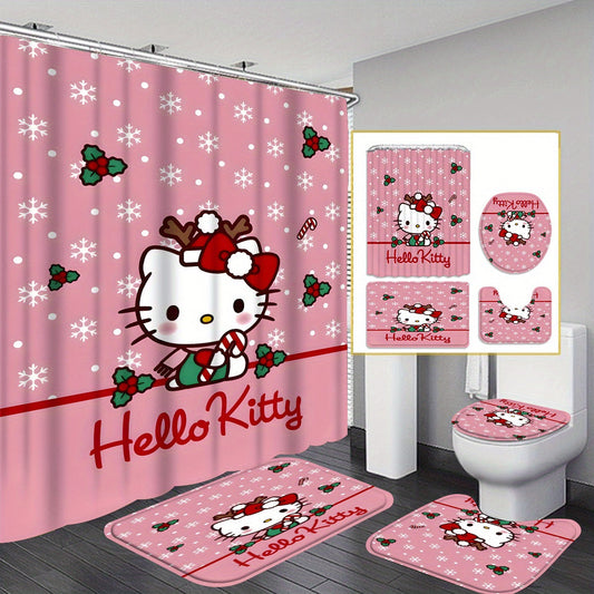 Authorized - 1Pc/4Pc Sanrio Hello Kitty, Shower Curtain Or Shower Curtain Toilet Mat Bathroom Mat 4-Piece Set, Bathroom Supplies Waterproof Shower Curtain Set with 12 Free Shower Curtain Hooks DM Beauty