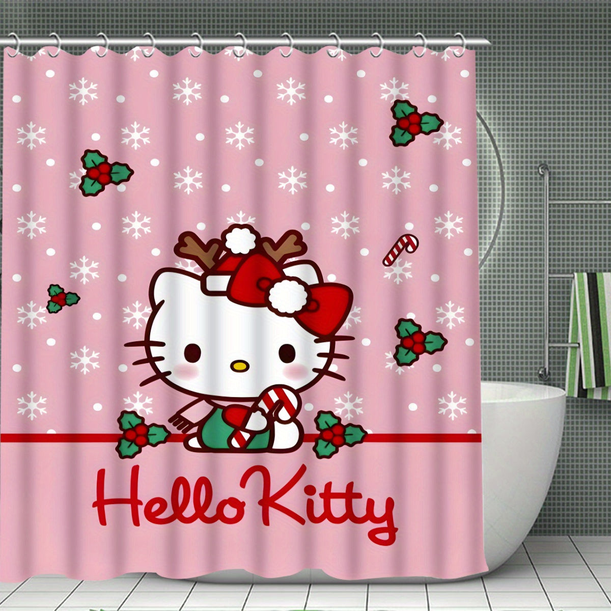 Authorized - 1Pc/4Pc Sanrio Hello Kitty, Shower Curtain Or Shower Curtain Toilet Mat Bathroom Mat 4-Piece Set, Bathroom Supplies Waterproof Shower Curtain Set with 12 Free Shower Curtain Hooks DM Beauty
