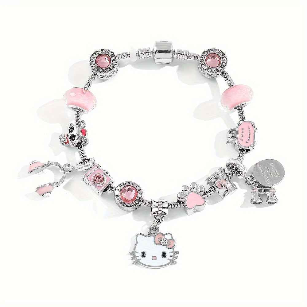 Hello Kitty Charm Bracelet: Adorable Kitty Cat Pendant with Pink Beads and Charms - Perfect for Everyday Wear and Gift Giving