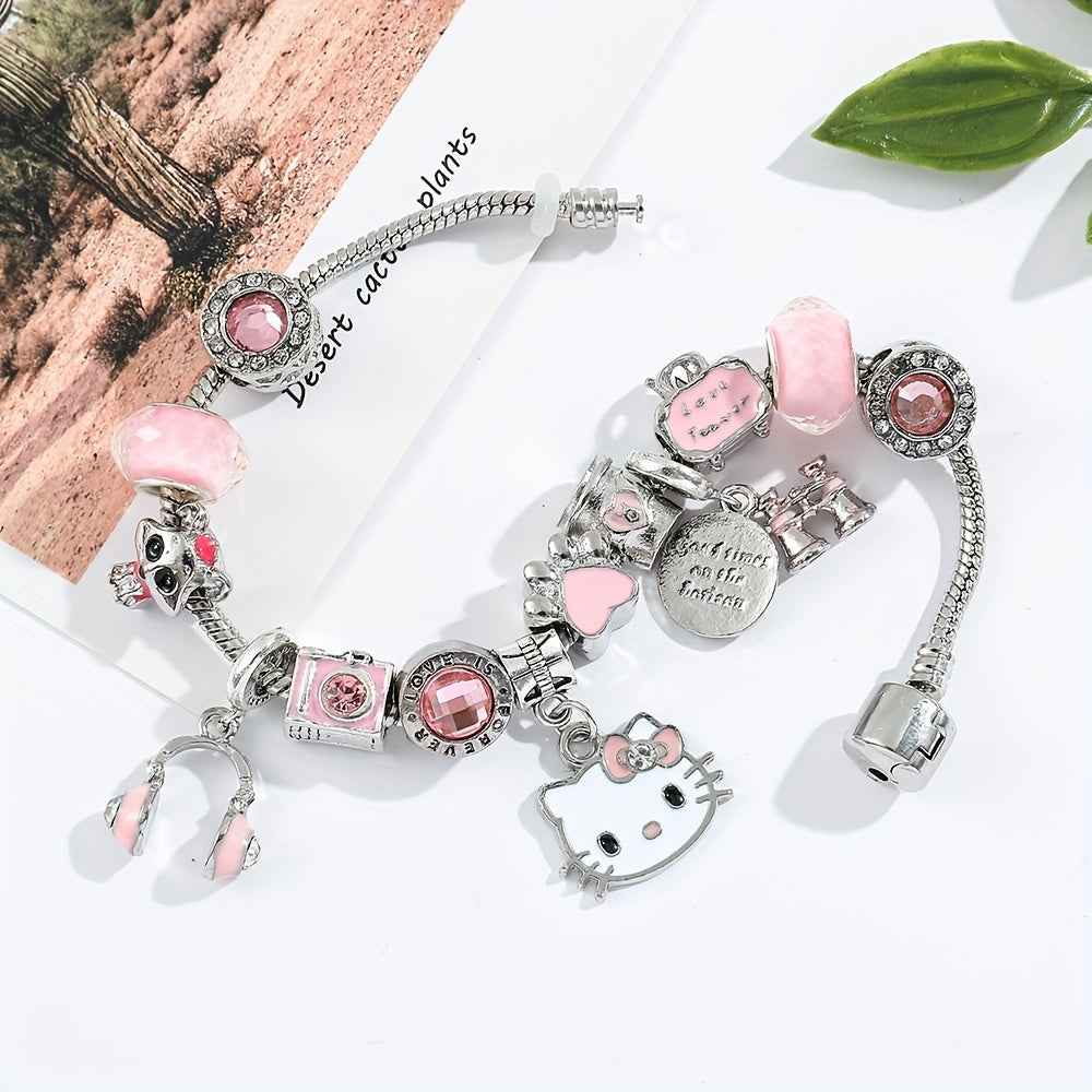 Hello Kitty Charm Bracelet: Adorable Kitty Cat Pendant with Pink Beads and Charms - Perfect for Everyday Wear and Gift Giving