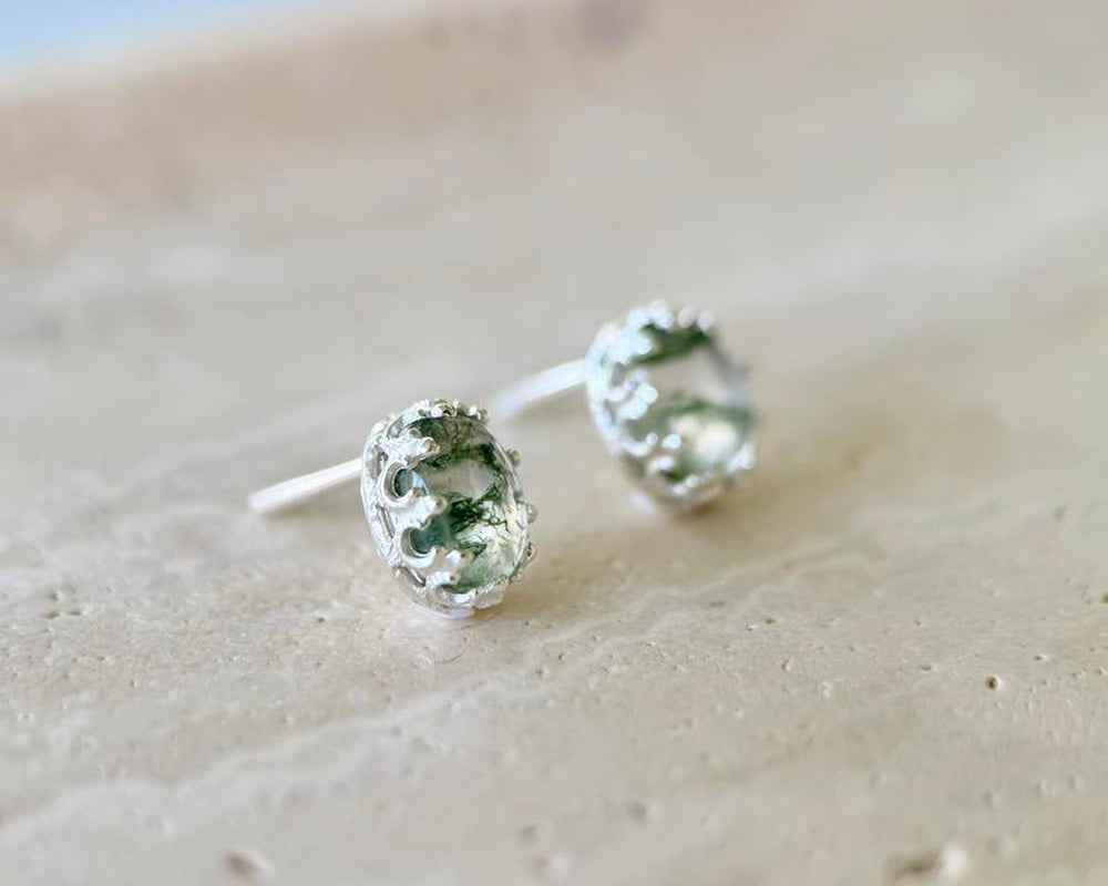 Moss Agate Stud Earrings • Dainty Sterling Silver Crown Setting • Handmade Oval Gemstone Earrings • Nature-Inspired Jewelry • Gift for Her