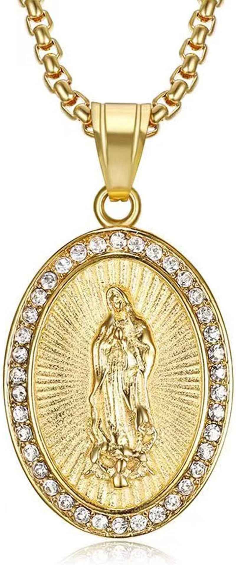 Gold Plated Virgin Mary Necklace Gold Chain Pendant Necklace for Men Women Virgen De Guadalupe Necklace,24In