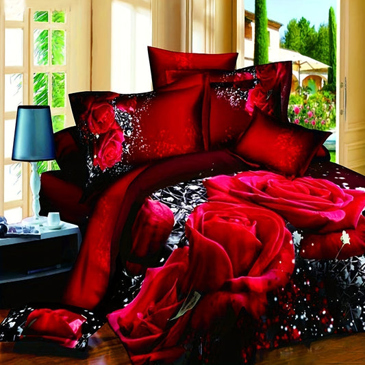 2/3pcs Red Rose Print Bedding Set, Bedroom Decor Duvet Cover With Pillowcases Set, No Filler (1pc* Duvet Cover + 1/2pcs*Pillowcases, No Pillow Core)