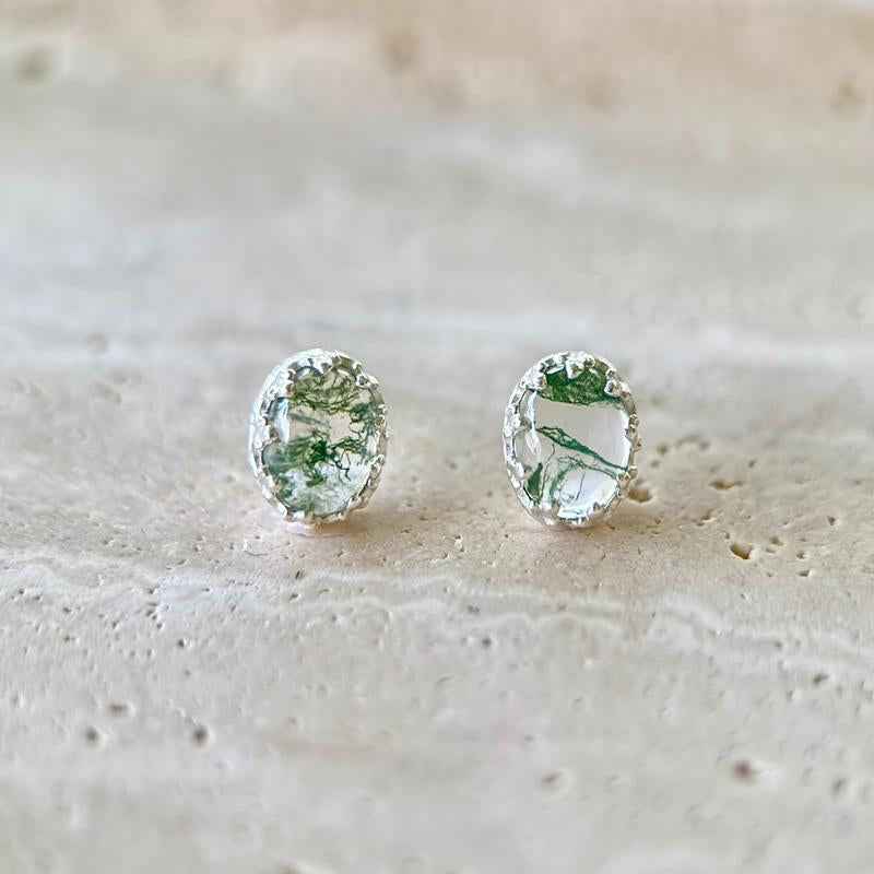 Moss Agate Stud Earrings • Dainty Sterling Silver Crown Setting • Handmade Oval Gemstone Earrings • Nature-Inspired Jewelry • Gift for Her