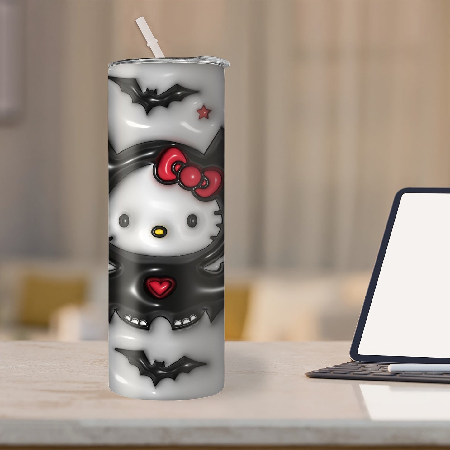 Customizable 20oz Halloween Tumbler - Double-Walled Insulated Stainless Steel With Unique Bat & Hello Kitty Designs, Leak-Proof Lid And Straw Included - Perfect For Spooky Parties & Travel DM Beauty