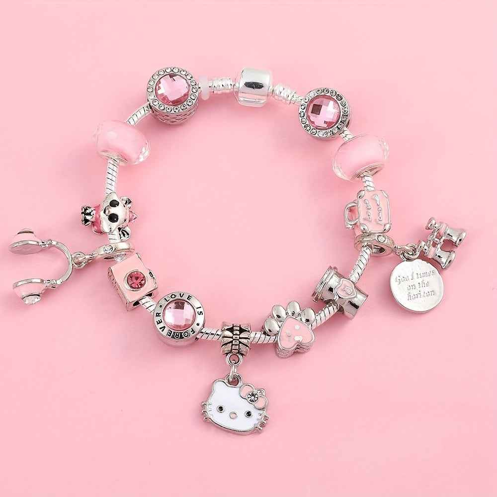 Hello Kitty Charm Bracelet: Adorable Kitty Cat Pendant with Pink Beads and Charms - Perfect for Everyday Wear and Gift Giving