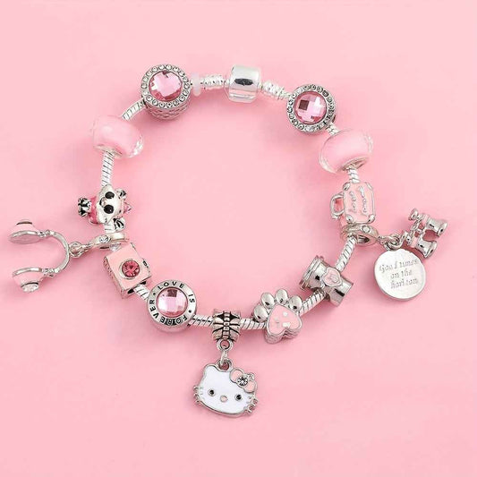 Hello Kitty Charm Bracelet: Adorable Kitty Cat Pendant with Pink Beads and Charms - Perfect for Everyday Wear and Gift Giving