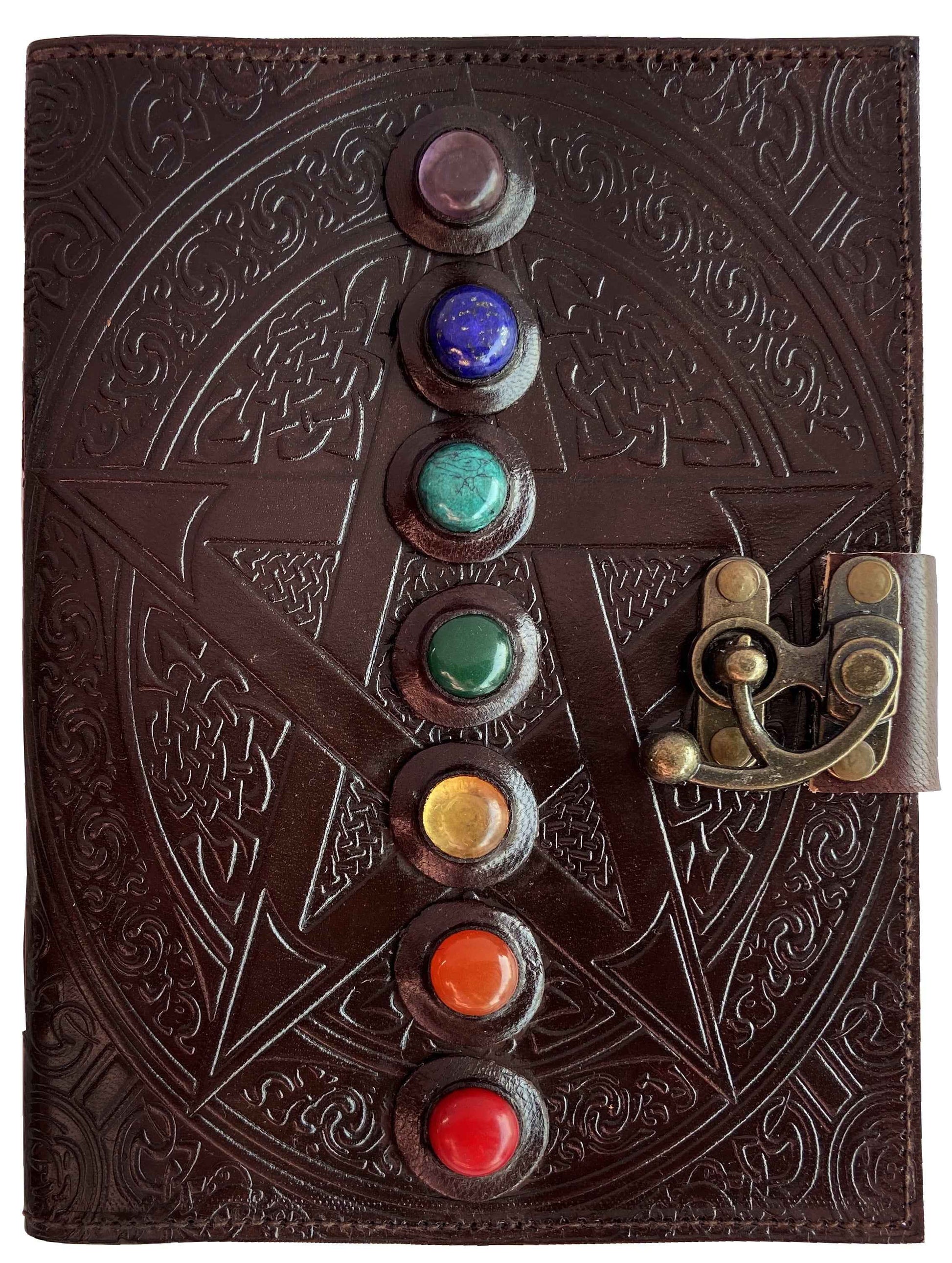 Leather Journal Writing Notebook – 7 Chakra Stone Diary for Women, Handmade Antique Deckle Edge Paper Travel Diary (Brown)