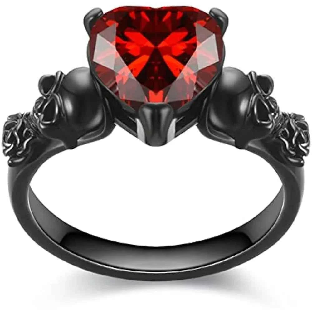 Gothic Skull Black Rose Flower Ring – Purple & Red Heart Crystal Women’s Statement Jewelry