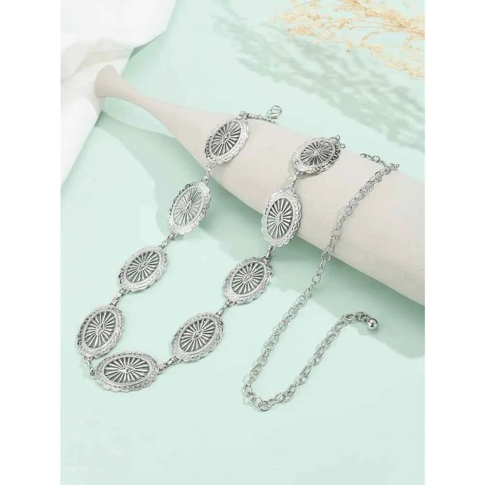 🌙 Boho Silver Metal Waist Chain 🌿 | Vintage Oval Cutout Belly Chain Body Jewelry for Dresses & Festivals ✨