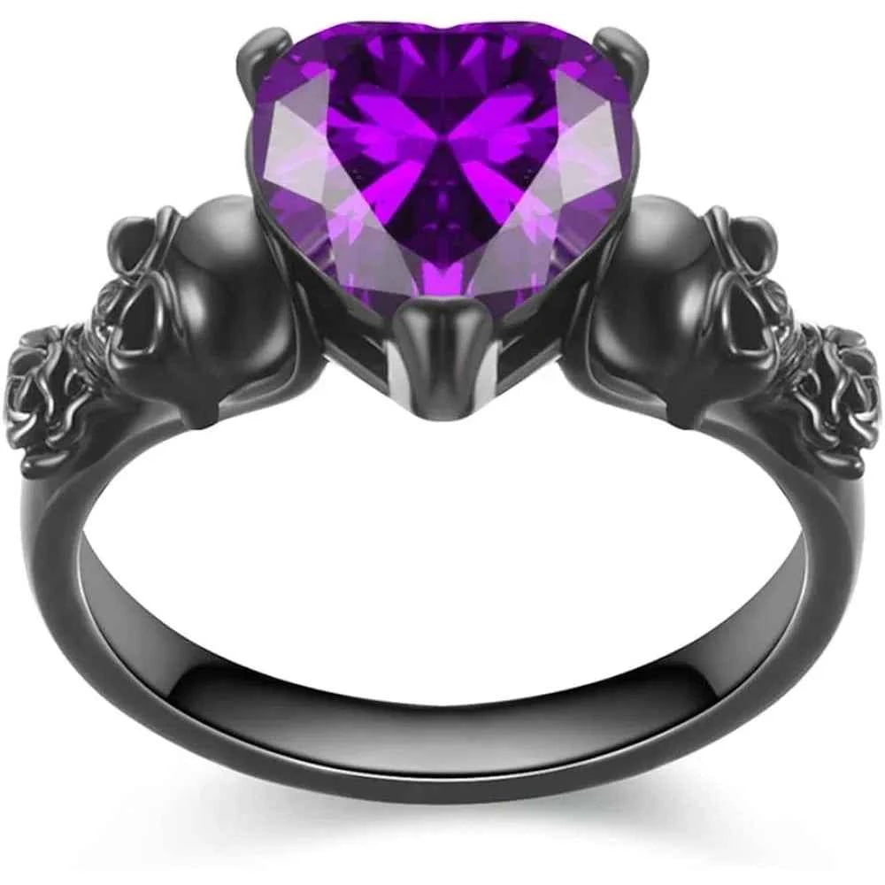 Gothic Skull Black Rose Flower Ring – Purple & Red Heart Crystal Women’s Statement Jewelry