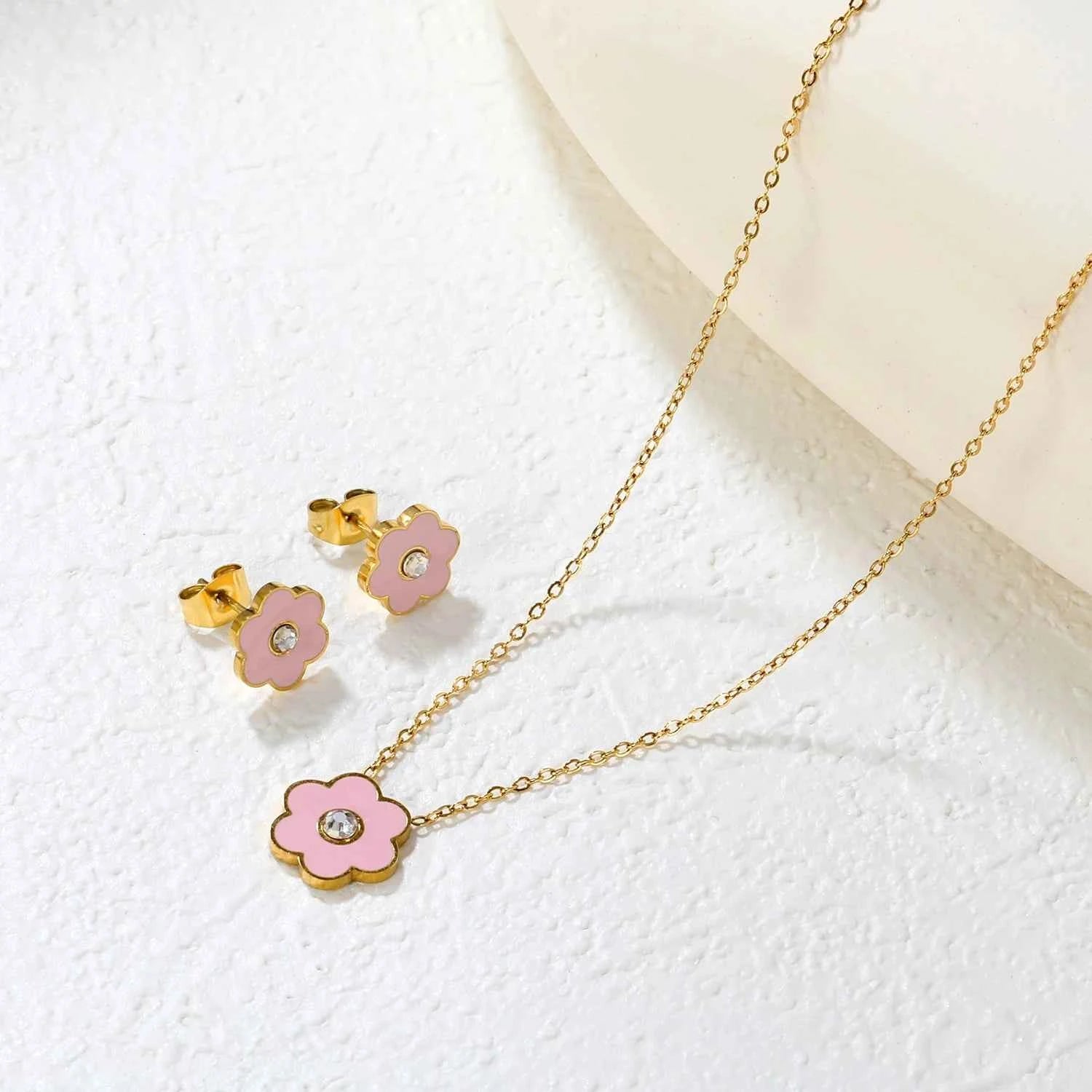 LUXUKISSKIDS Cute Girls Favor Jewelry Set Pink/Blue Color Six Petal Flower Drip-Oil Necklace Earrings Romantic Birthday Gifts