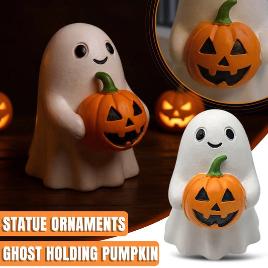 ‌Halloween Ghost Holding Pumpkin Statue Holiday Party Decor Home Desktop Sculpture Handmade Craft Spooky Collectible Gift‌ DM Beauty