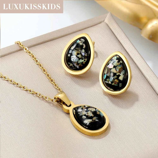 LUXUKISSKIDS Fashion Water Drop Choker Necklace Earrings Sets Stainless Steel Woman/Girls Luxury Jewelry Set Wedding Accessories
