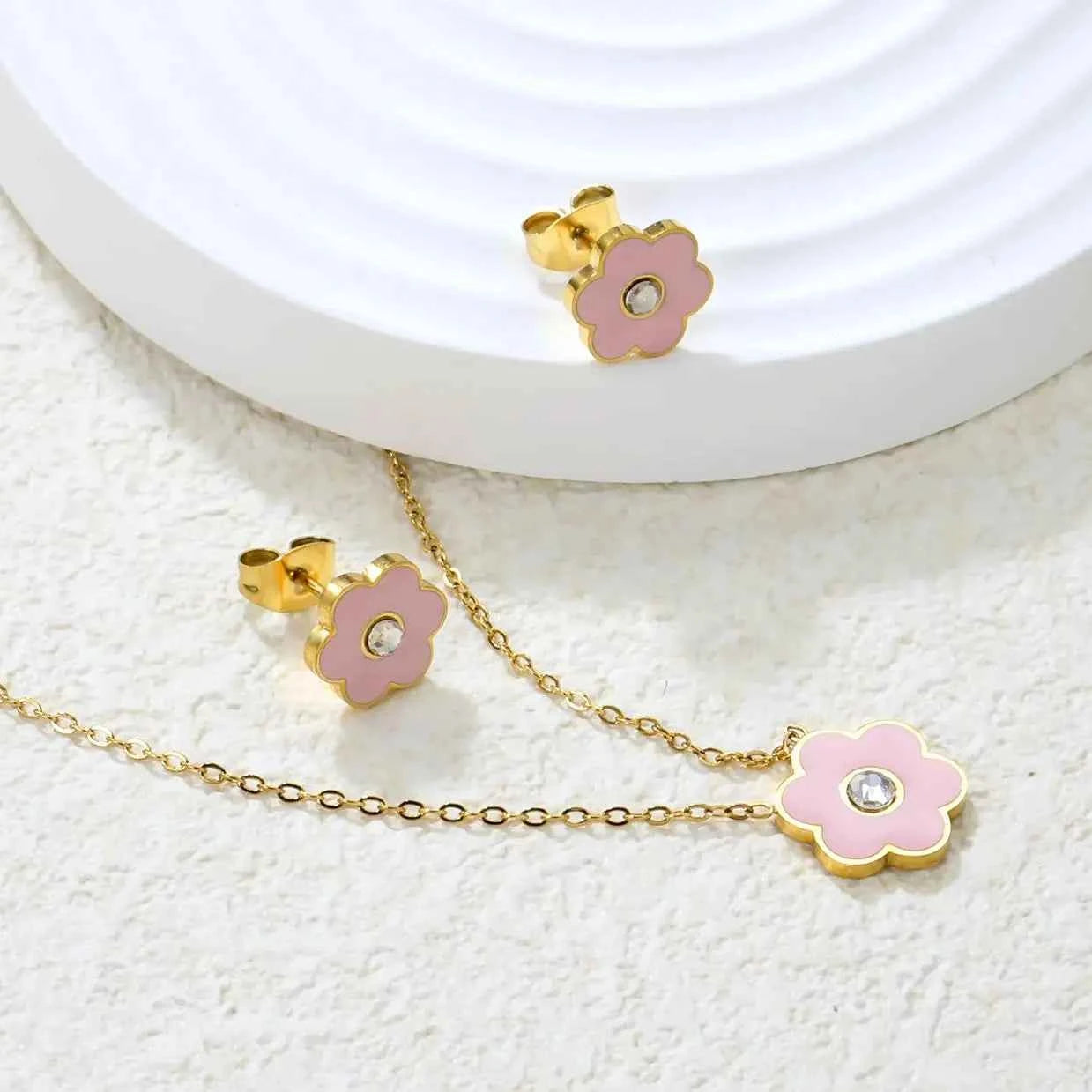 LUXUKISSKIDS Cute Girls Favor Jewelry Set Pink/Blue Color Six Petal Flower Drip-Oil Necklace Earrings Romantic Birthday Gifts