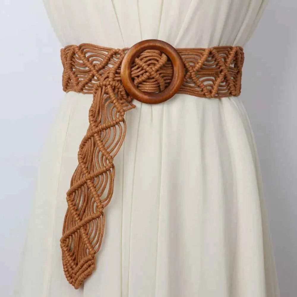 Hand-Woven Rope Braided Waist Belt – Ethnic Style Beach Dress Accessory with Wooden Button