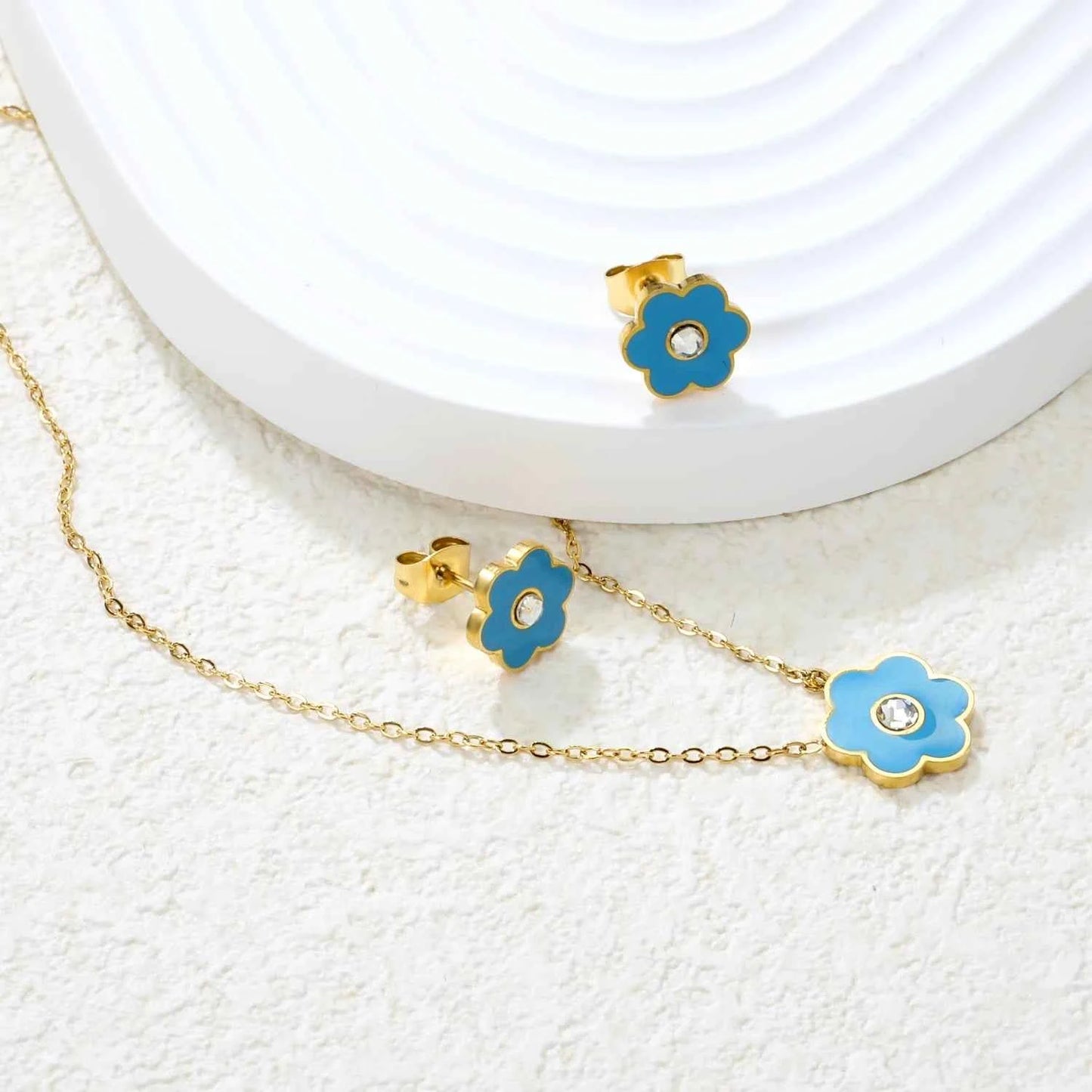 LUXUKISSKIDS Cute Girls Favor Jewelry Set Pink/Blue Color Six Petal Flower Drip-Oil Necklace Earrings Romantic Birthday Gifts