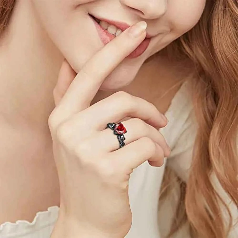 Gothic Skull Black Rose Flower Ring – Purple & Red Heart Crystal Women’s Statement Jewelry