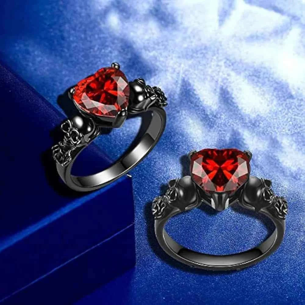 Gothic Skull Black Rose Flower Ring – Purple & Red Heart Crystal Women’s Statement Jewelry