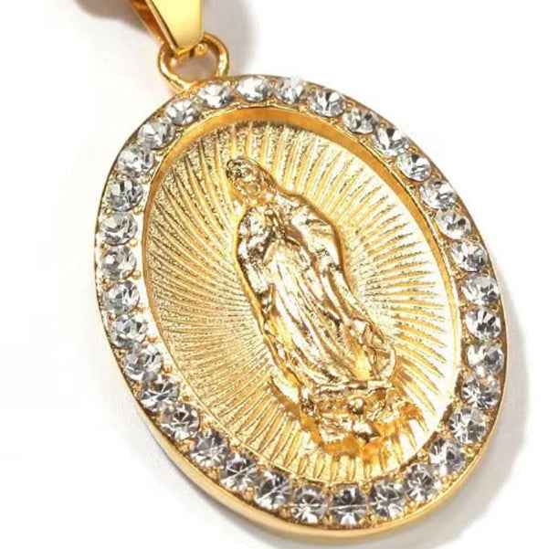 Gold Plated Virgin Mary Necklace Gold Chain Pendant Necklace for Men Women Virgen De Guadalupe Necklace,24In