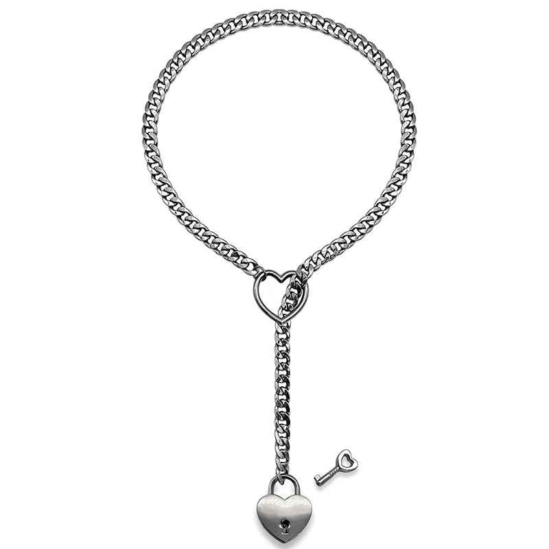Lock & Key Heart Cuban Link Necklace – Adjustable O‑Ring Chain
